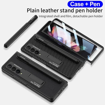 Sticla ecran Cu Touch Pen Caz pentru Samsung Galaxy Z Fold 3 Caz Piele Neteda Magnetic Kickstand Acoperi