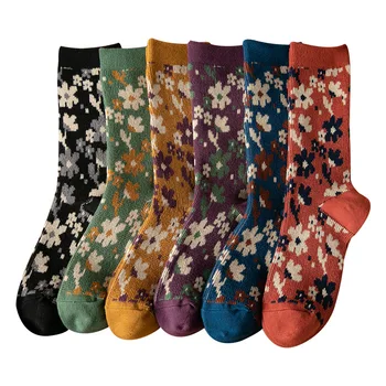 6 Perechi Set Pentru Femei De Iarnă Șosete De Bumbac Cald Vintage Florale În Stil Toamna Ciorapi Harajuku Drăguț Fete Incaltaminte Ciorapi Tricotate