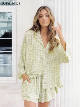 Bornladies 2022 Vară Subțire Imprimată Pijama Set Carouri de Moda Liber Maneca Lunga de Sus+ Direct pantaloni Scurți Femei Homewear