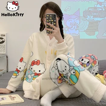 Sanrio Moda de Pluș Set de Pijama Femei Acasă Cald Casual Thicked Drăguț Desene animate cu Mâneci Lungi Cardigan Costume Y2K Fata 2 BUC cămașă de noapte