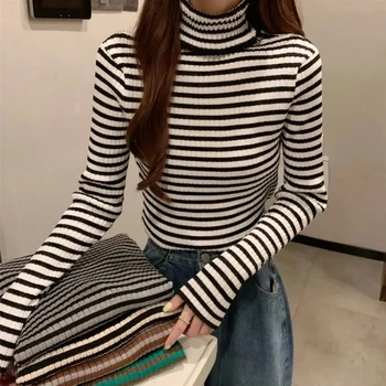 Tricotat Cu Maneca Lunga T-Shirt De Bază Pulover Cu Dungi Guler Slim Stretch Primavara Toamna Femei, Haine De Brand De Moda Coreeană