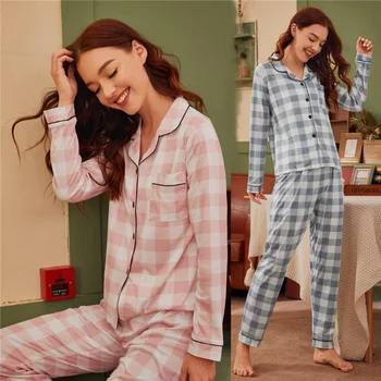 2022 primăvara și toamna noua pijama femei cu mâneci lungi, pantaloni, cardigan carouri, dulce si servicii la domiciliu pentru femei set de pijama