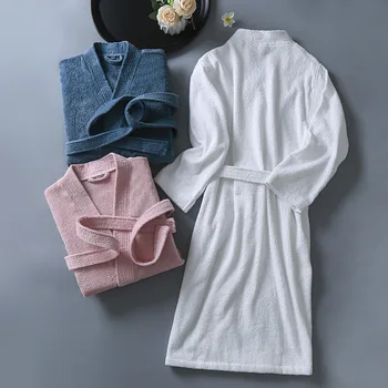 Femeile Prosop Halat De Baie 100%Bumbac Lung Gros Absorbant Terry Halat De Baie Kimono Bărbați Ușor De Vafe Solid Halat Sleepwear