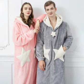 Cuplu Coral Fleece Halat Rochie Maneca Lunga Cu Fermoar Sleepwear Kimono Halate De Baie Cu Gluga Pentru Femei Și Bărbați De Iarnă Caldă Cămașă De Noapte