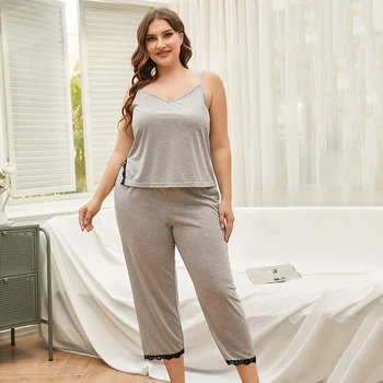 Plus Dimensiune Femei Set de Pijama de Vara V-neck Camisole Și Capris Pantaloni Set Body Sleepwear