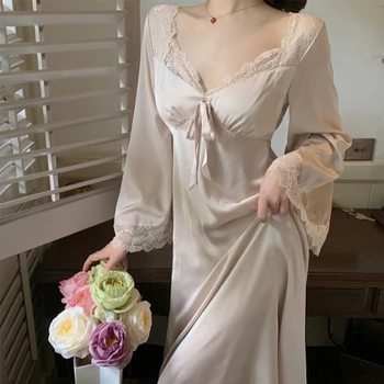 Femei Elegante cămașă de noapte Stil francez Dantela Doamnelor Vara Maneca Lunga Rochie de Noapte Arc Solid Sexy Homewear Cămașă de noapte Pentru Femei