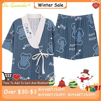 Noi de Vara din Bumbac Moale pentru Femei Pijamale Drăguț Urs de Imprimare V - Neck Sleepwear pantaloni Scurți Tânără Fată Moda Stil Kimono pentru Doamna