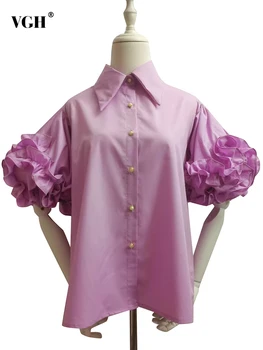 VGH Casual Solid Shirt Pentru Femei Rever Maneca Scurta Mozaic Zburli Asieta Buton Prin Bluze Feminine 2022 Primăvară Haine Noi