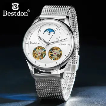 Top brand de lux Elveția bestdon ceas mecanic bărbați Dublu Schelet MoonPhase bărbați ceasuri automate rezistent la apa complet din oțel
