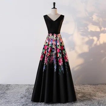 Negru Satin Imprimeu Floral Rochii De Seara Lungi Din New Elegant Fara Bretele Personalizate, Plus Dimensiuni Rochie De Seara
