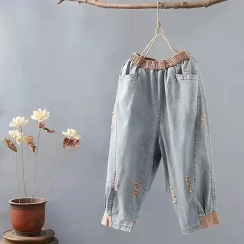2021 New Sosire Vară Stil de Arte Femei Vrac Casual, Talie Elastic Vițel-lungime Pantaloni de Bumbac Denim Mozaic Pantaloni Harem W438