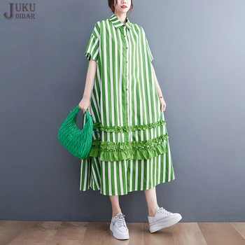 Stil coreean Femeie de Mari Dimensiuni de Îmbrăcăminte Casual, Lunga Verde cu Dungi Cămașă Rochie Cu Unduiri Vrac se Potrivi Vacanță Streetwear Halat JJXD128