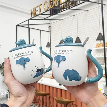 Desene animate Stereo Relief Elefant Albastru Cana Ceramica cu Capac si Lingura de Creație Cana Student Cadou Ceașcă de Cafea