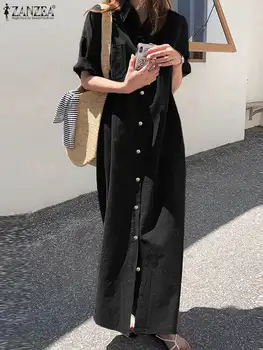 ZANZEA de Moda de Vară Jumătate Maneca Solid Cămașă Lungă Rochie de Femei Elegante Rever Gât Butoanele de Jos Sundress Halat Femme Liber Vestido