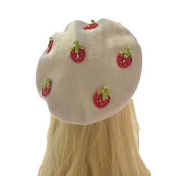 Manual Kawaii Roșu Căpșună Bereta De Epocă Artist Pictor Pălărie Femei Lână Capac Cadou De Moda De Înaltă Calitate Ridicata