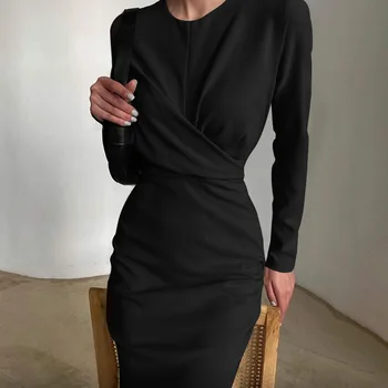 Jocoo Jolee Negru Elegant De Toamna Cu Maneca Lunga Pentru Femei Rochie Midi Subțire De O Culoare Solidă Gât Lung Rochii Office Lady 2022 Streetwear