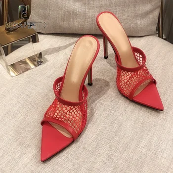Franceză retro elegant roșu de vară a subliniat toe plasă de deget de la picior deschis tubulare cu toc stiletto, sandale și papuci de casă