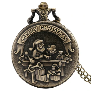 Bronz Crăciun Fericit, Moș Crăciun Design Cuarț Ceas de Buzunar Colier Vintage cu Pandantiv Lanț de Crăciun de Colectare de Cadouri pentru Barbati, Femei