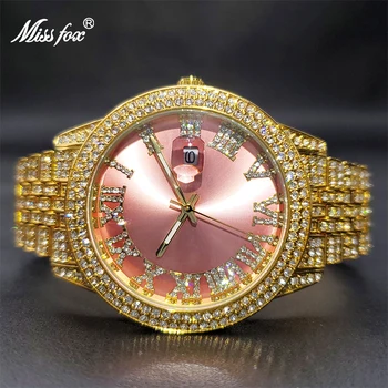 MISSFOX Ceas de Aur Pentru Femei Roz cu Gheață Afară Ceasuri cu Diamante Pentru Femei Impermeabil Elegant, la Modă Rochie de Petrecere Bijuterii 2021 Cadou