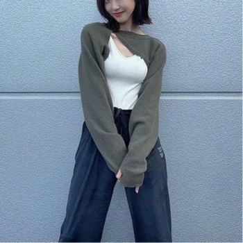 Toamna 2022 moda pentru femei bluze tricotate, cu maneca lunga crop top stil coreean trunchiate pulover sexy scurte, pulovere streetwear Toamna
