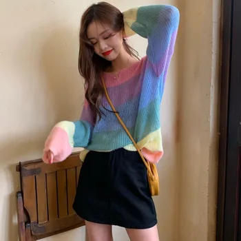 Coreeană Stil Kawaii Kintting Pulover Femei Harajuku Dungi Curcubeu O-Gât Streetwear Casual Vintage Pulovere Largi De Sex Feminin