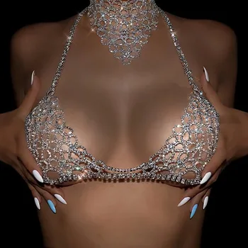 Sexy de lux strălucitoare stras lanț de corp set de Moda romantic bikini club de noapte rundă sutien și chiloți tanga accesorii bijuterii