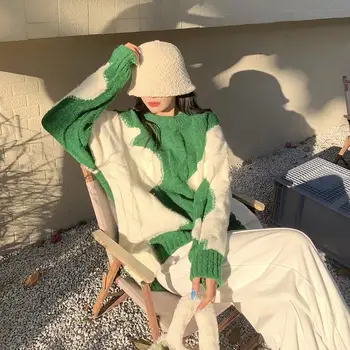 Pulover Tricotat Femei Elegante Unda Verde Supradimensionate, Pulovere Femei De Primavara Toamna Pulovere Lungi Streetwear Sueter Mujer