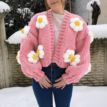 Floral Roz Cultură Cardigan Femei Tricotate Pulover Vrac Maneca Lunga De Toamna Tricot Jacket Vintage V Gât Topuri De Moda Casual, Pulovere