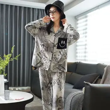 Rândul său, în Jos Guler Bumbac Pijama Femei Primavara Si Toamna cu Maneci Lungi Costum coreeană petrecere a timpului Liber Acasă Purta o Pijama Gri Seturi de Moda