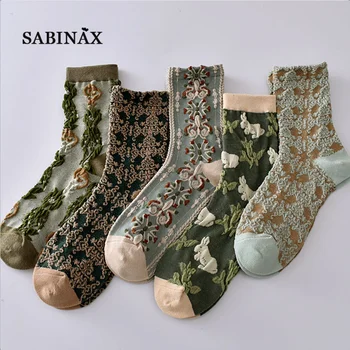 SABINAX Socks 5 Pereche de Epocă Relief Șosete Pastorală Stil Drăguț Ciorap Doamna Casual Mijlocul Ciorapi 2022 Primăvară de Moda pentru Femei Șosete