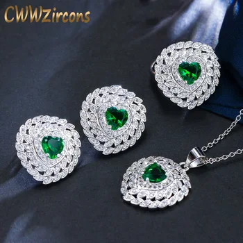 CWWZircons Super de Înaltă Calitate Inima Dragoste Inel Colier Cercei CZ Verde Piatra de Cristal Moda Bijuterii Seturi Cadou pentru Femei T005