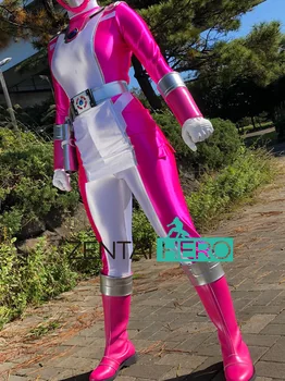 Fara Casca! Super Eroina Femei Spandex Costume Sexy de culoare Roz/Alb Fata Lady Hero Zentai Catsuit Lycra Ranger Tricou cu Centura