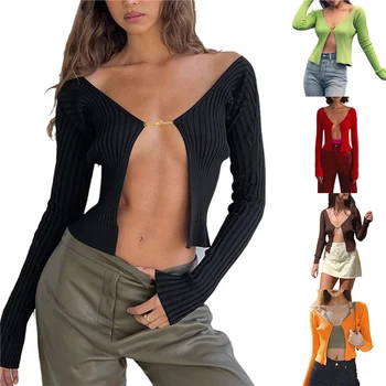Femei Rib Knit Cardigan Culturilor Topuri Sexy cu Maneci Lungi Culoare Solidă de Metal Lanț Deschis Față de Tricouri